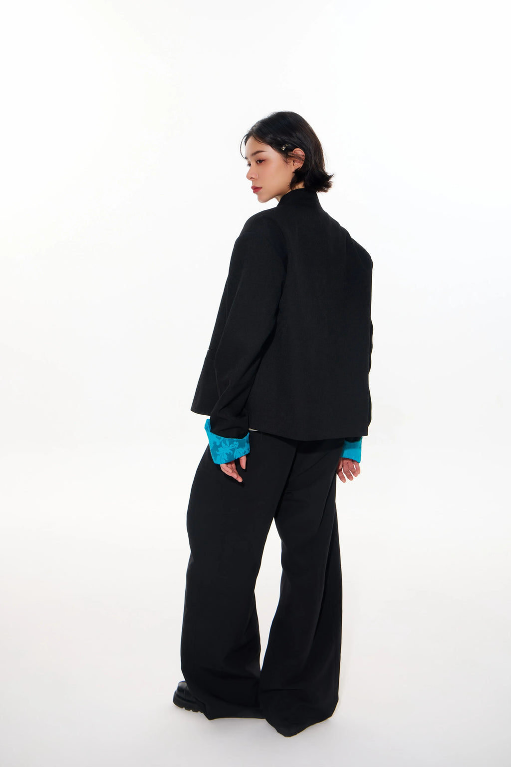 Mandarin-Collar Metal-Clasp Jacket with Contrast Cuffs