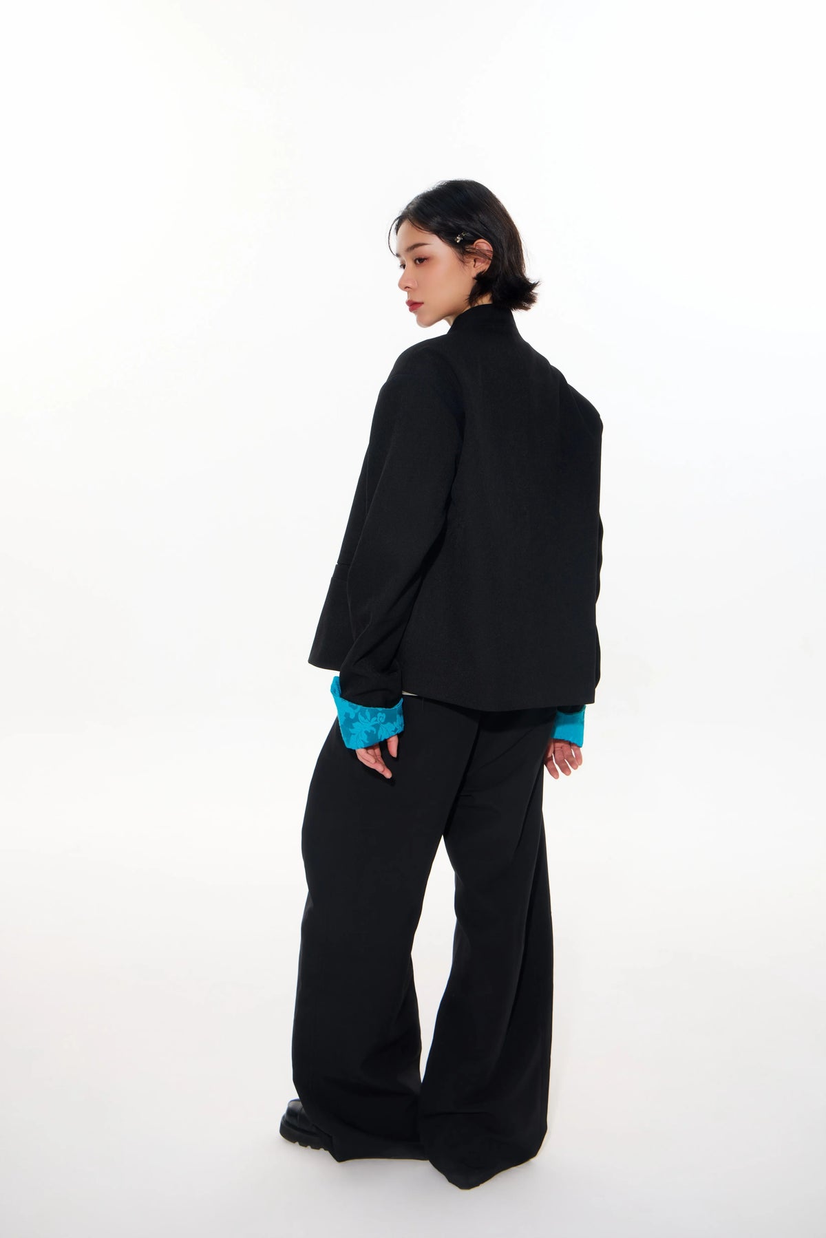 Mandarin-Collar Metal-Clasp Jacket with Contrast Cuffs