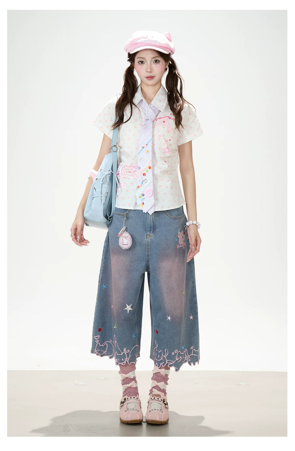 Y2K Harajuku Star & Cat Embroidered Capri Jeans