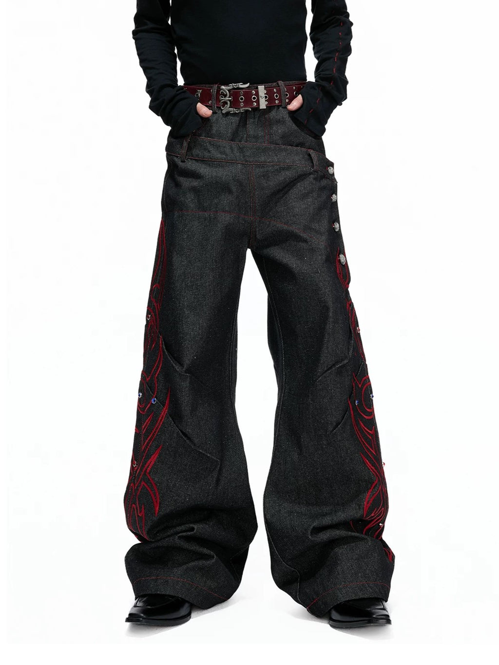 Gothic Tribal Embroidered Articulated Wide-Leg Jeans