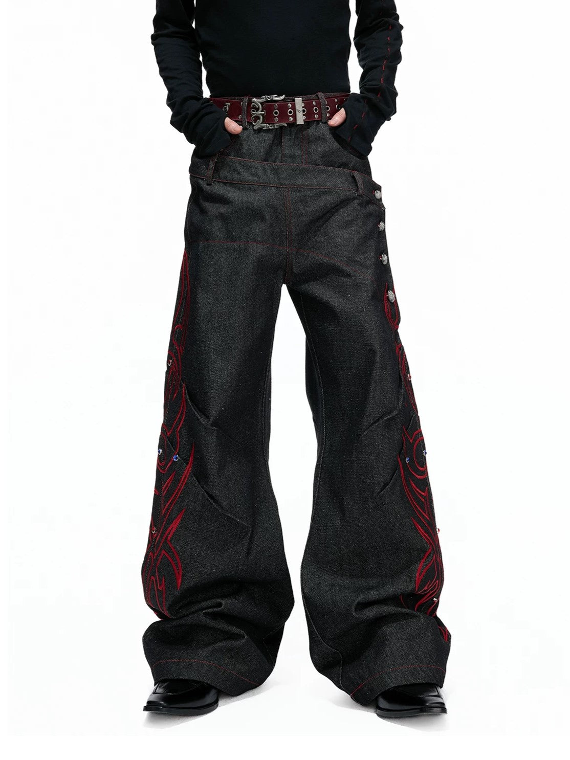 Gothic Tribal Embroidered Articulated Wide-Leg Jeans