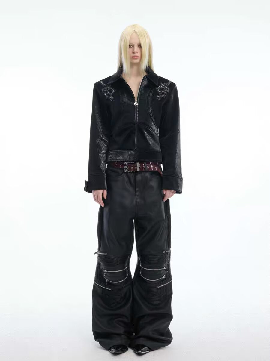 Embroidered Zip-Up Leather Jacket