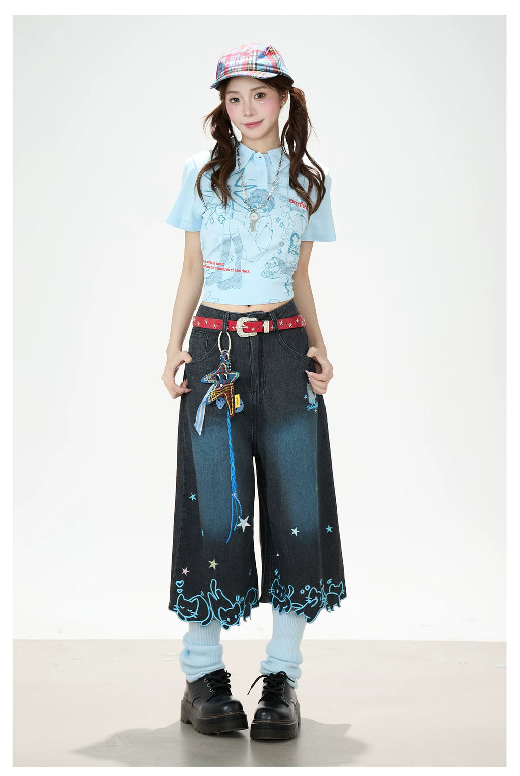 Y2K Harajuku Star & Cat Embroidered Capri Jeans
