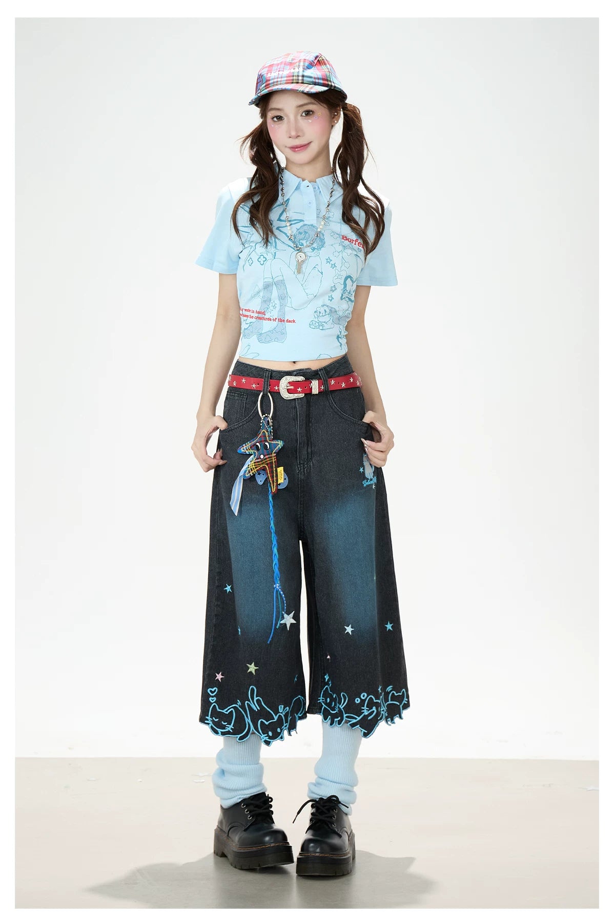 Y2K Harajuku Star & Cat Embroidered Capri Jeans