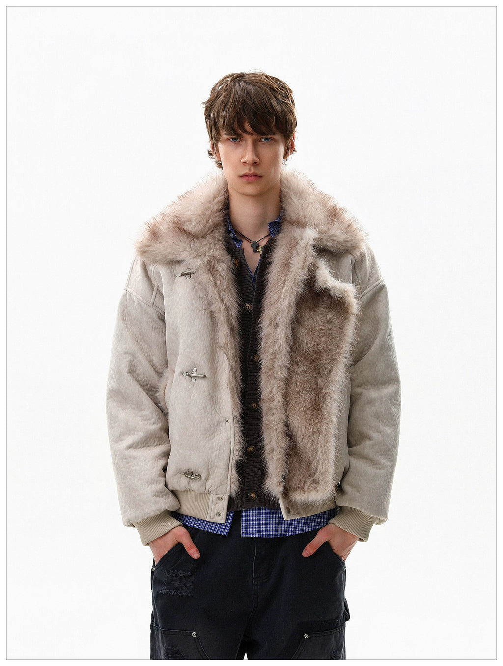 Gothic Fur-Lined Fireman Buckle Bomber Jacket