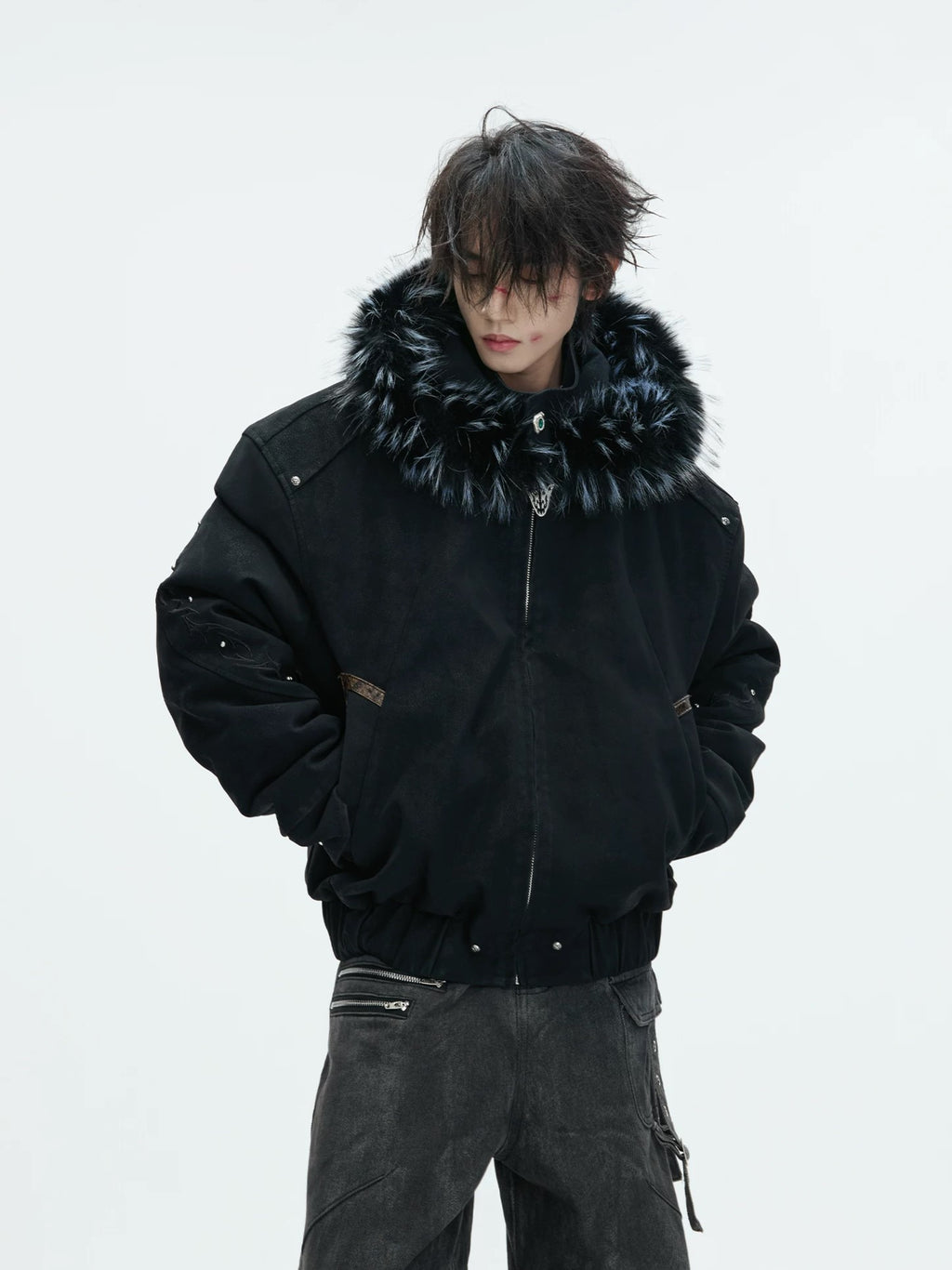 Detachable Fur-Collar Studded Utility Bomber Jacket
