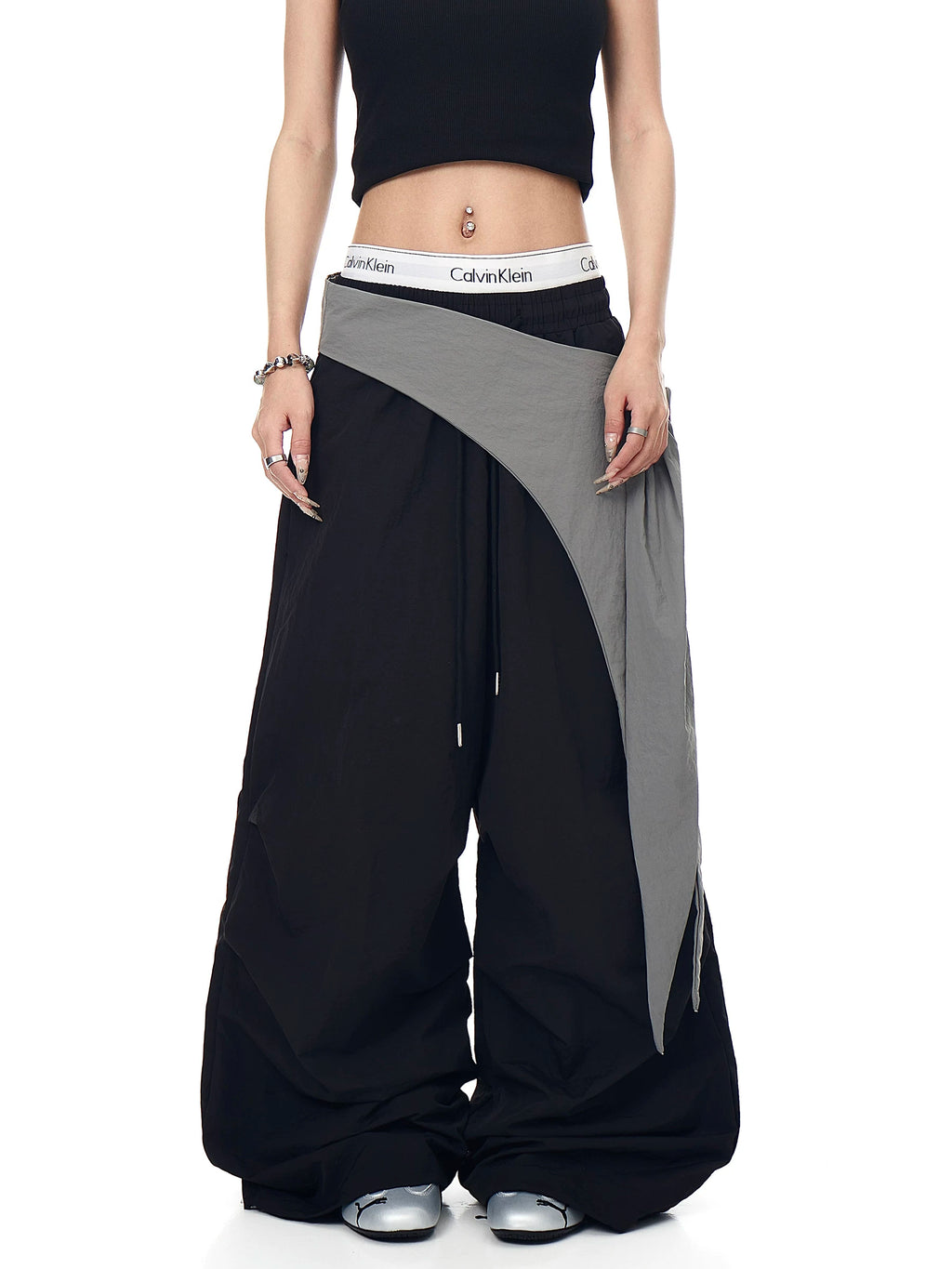 Asymmetric Tie-Waist Contrast-Overlay Trousers