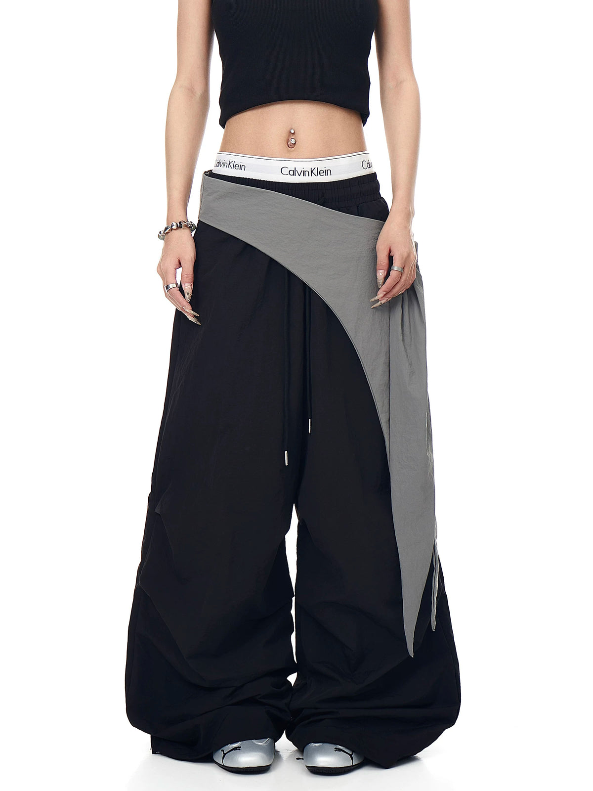 Asymmetric Tie-Waist Contrast-Overlay Trousers