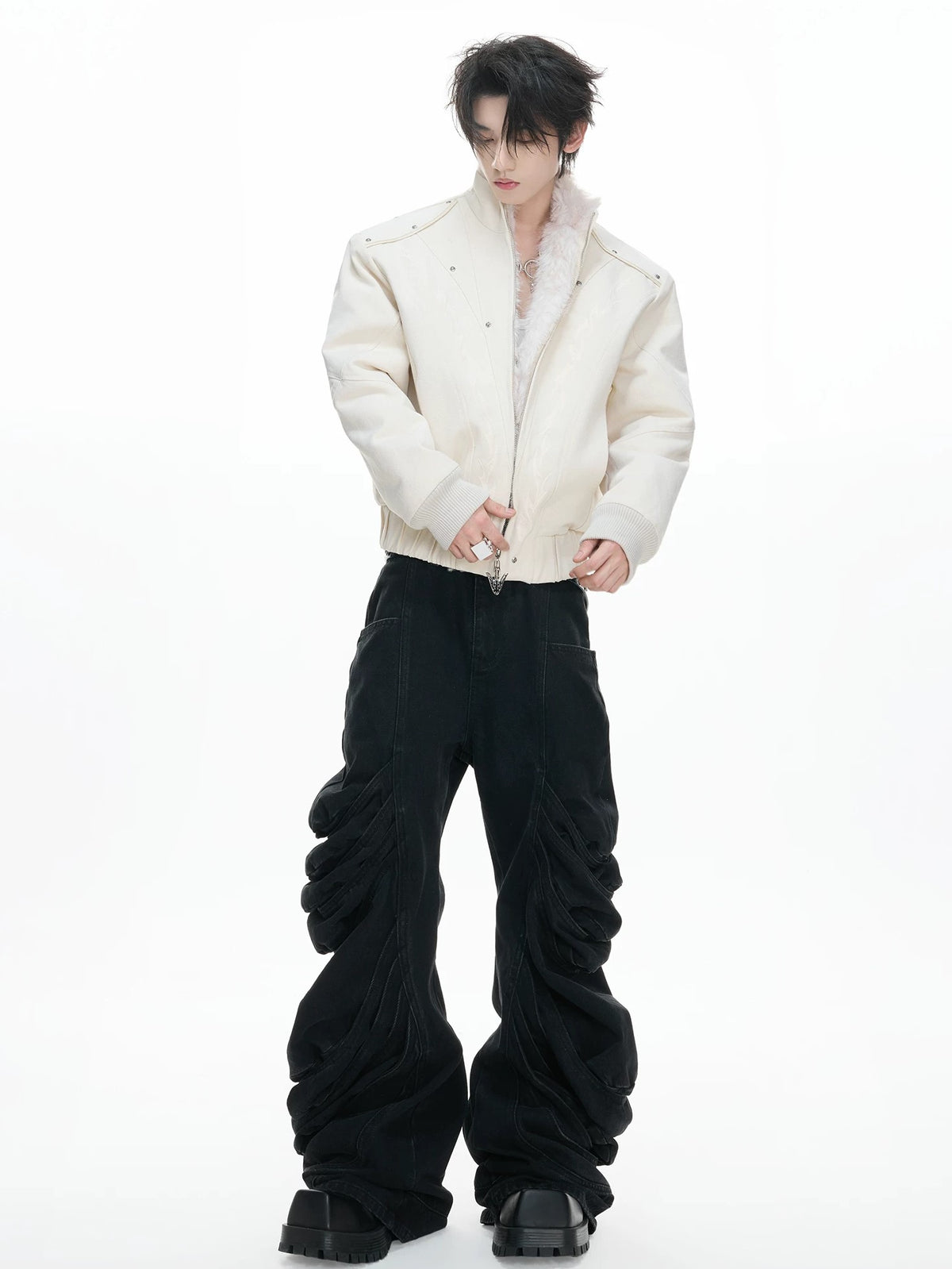 Faux-Fur Collar Tribal Embroidered Zip Jacket
