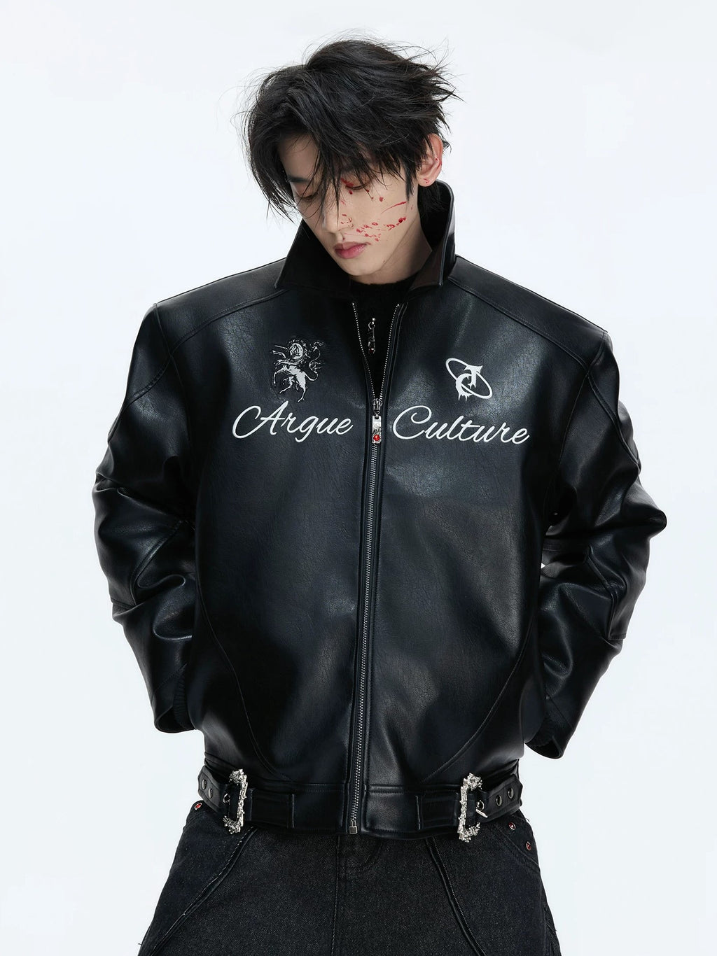 Embroidered Horse Back Leather Moto Jacket