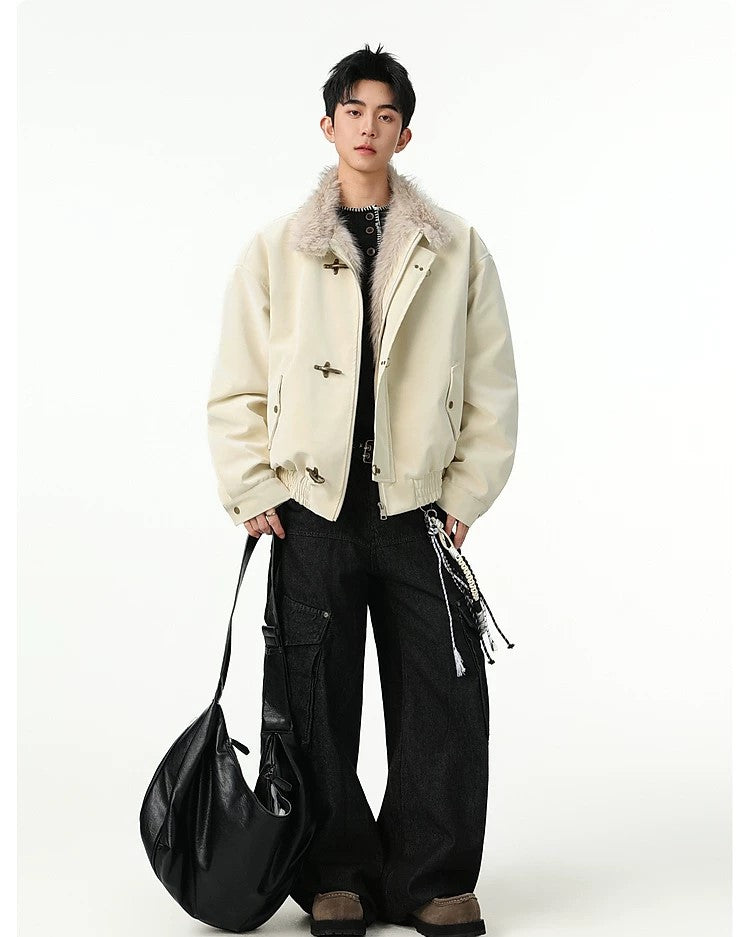 Fireman Clip Fur-Lined Suede Utility Bomber Jacket