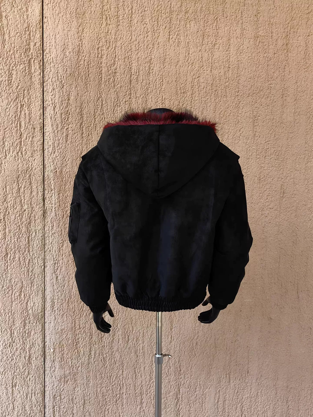Fur-Trimmed Hooded Suede Utility Bomber Jacket