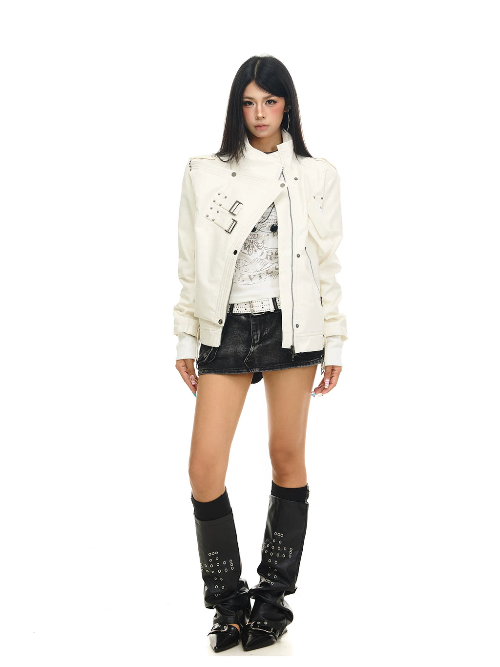 Gothic Industrial Buckled-Placket Leather Biker Jacket