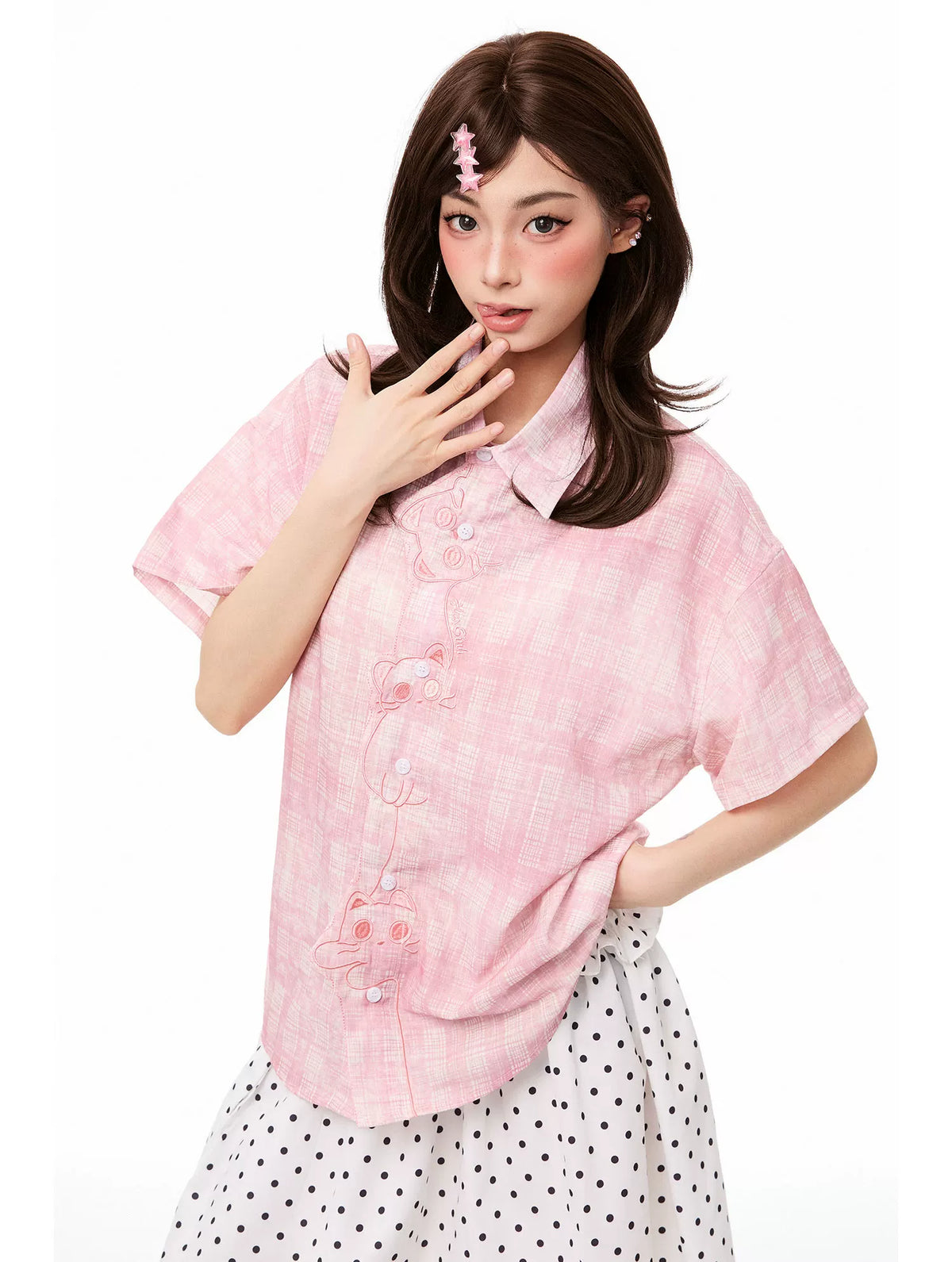 Kawaii Cat Contour Placket Short-Sleeve Button-Up