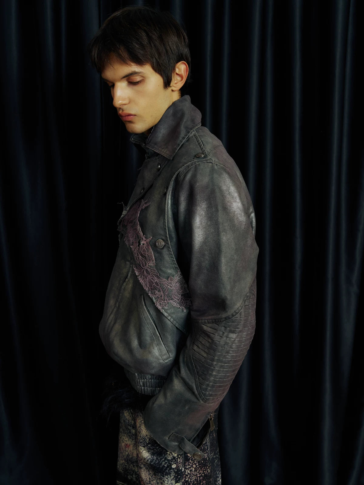 Lace-Applique Asymmetric Flap Leather Biker Jacket
