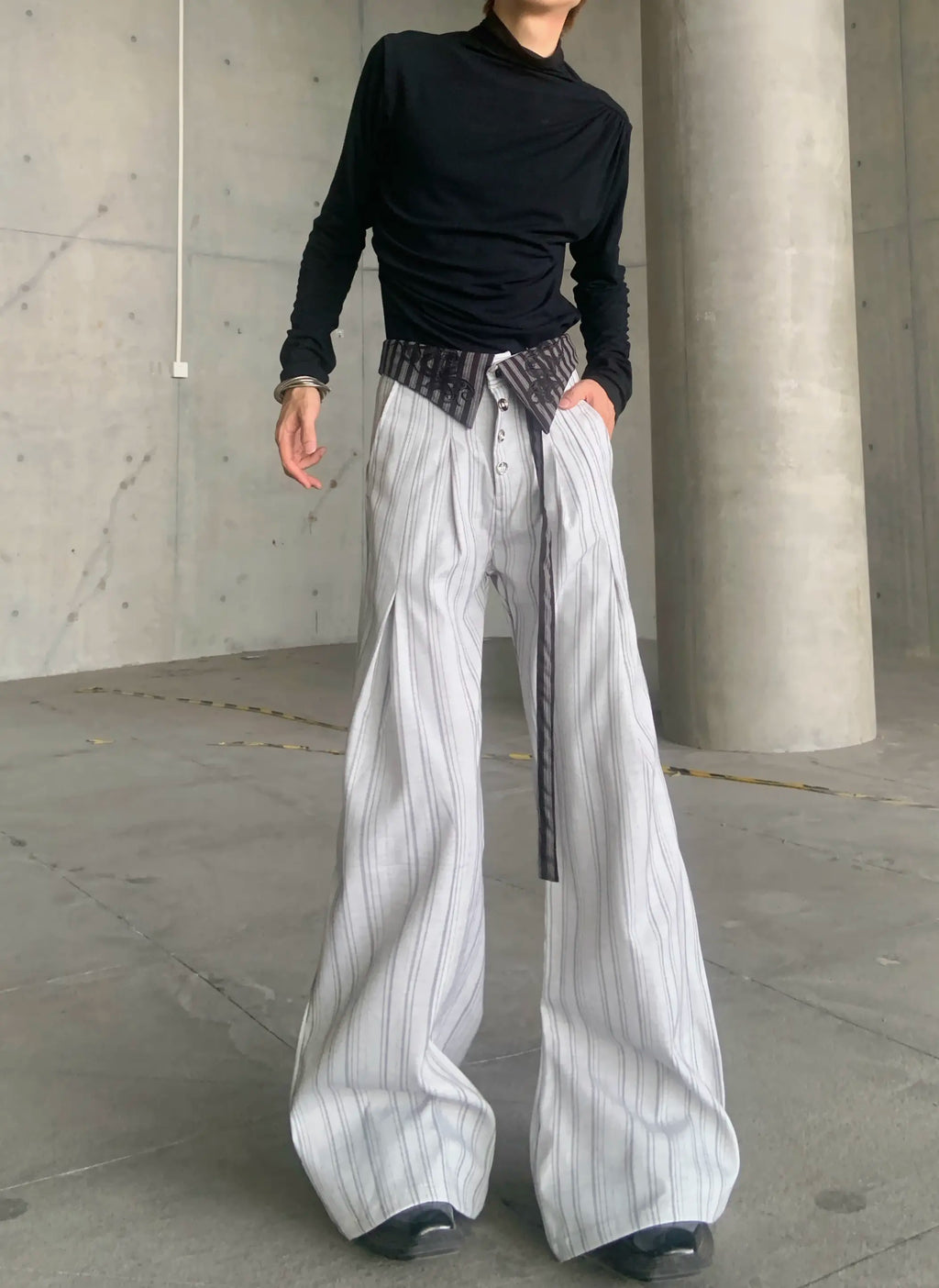 Embroidered Pinstripe Fold-Over Trousers