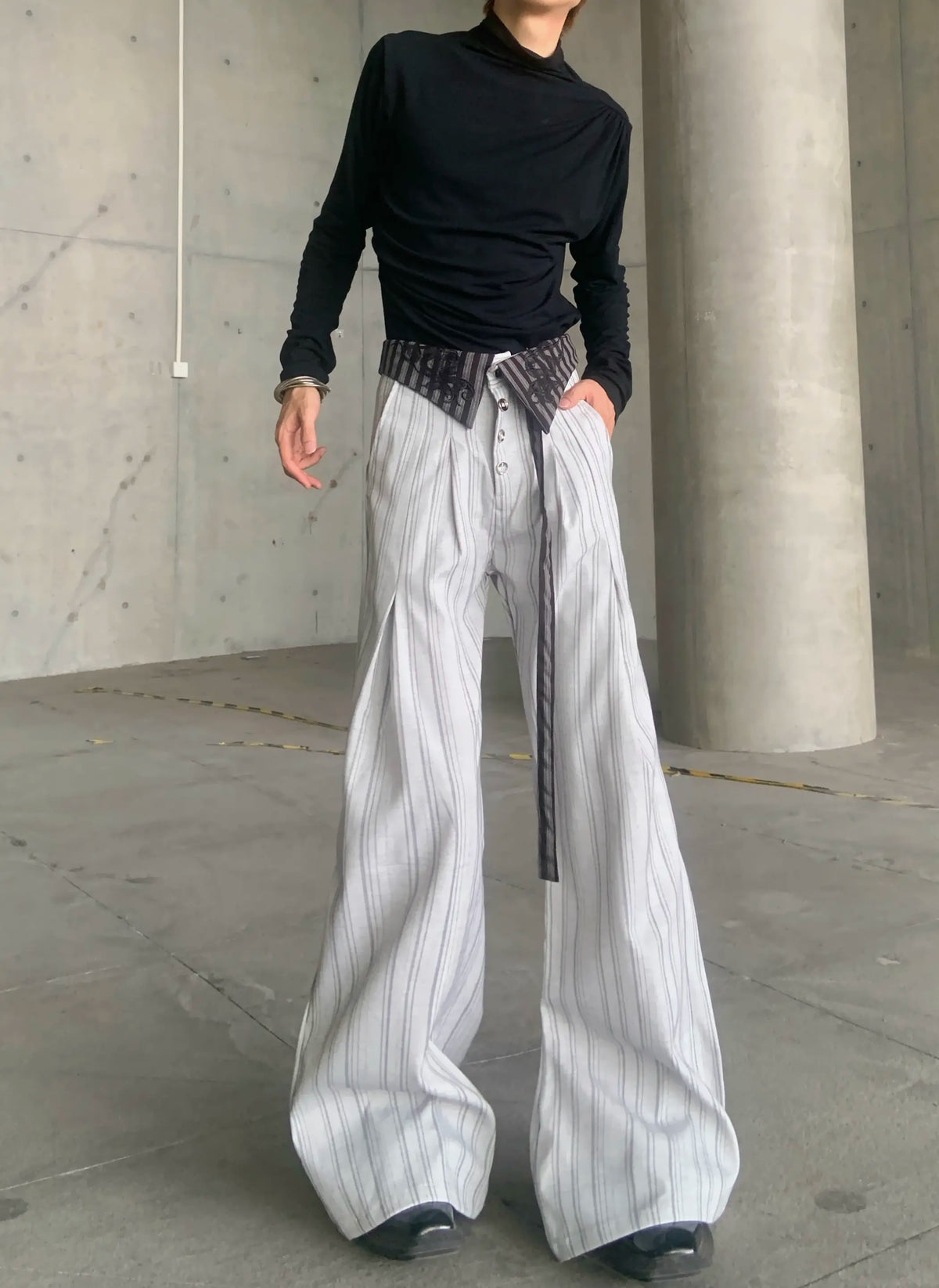 Embroidered Pinstripe Fold-Over Trousers