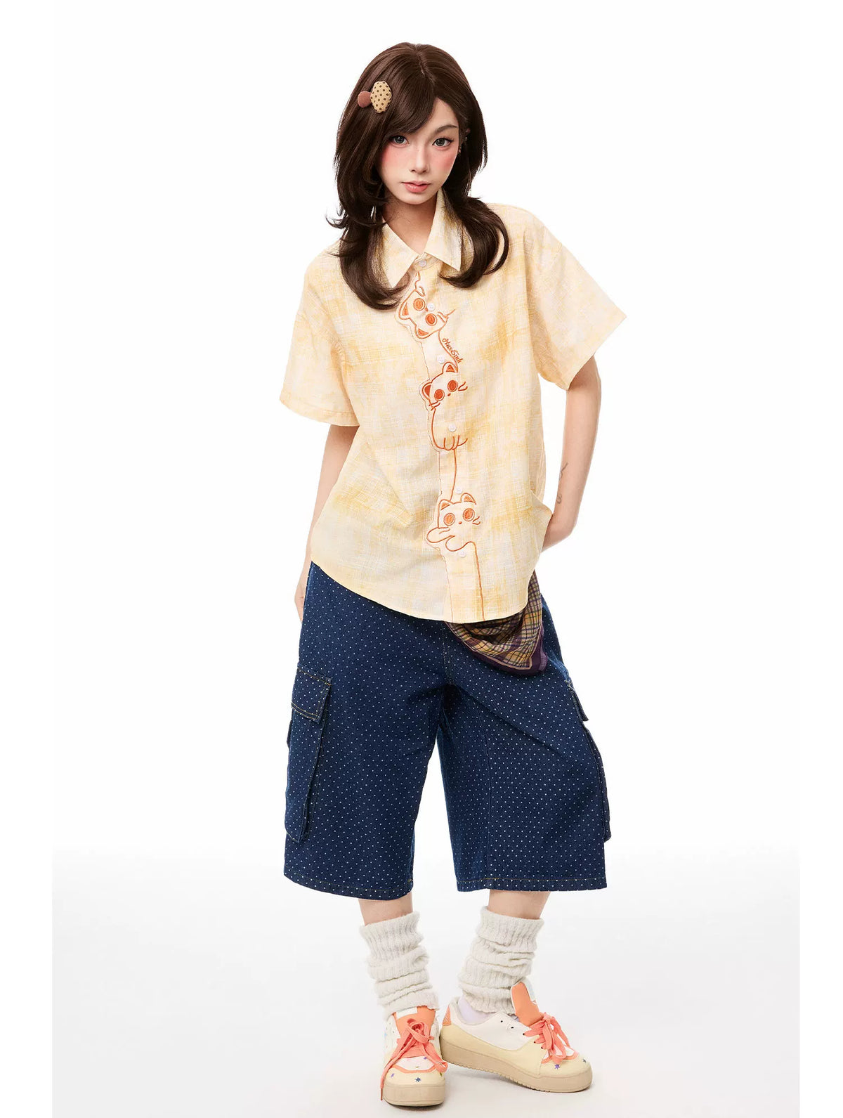 Kawaii Cat Contour Placket Short-Sleeve Button-Up