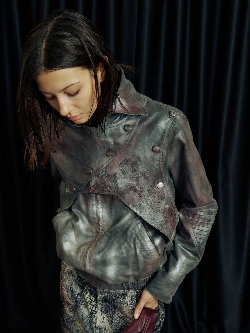 Lace-Applique Asymmetric Flap Leather Biker Jacket