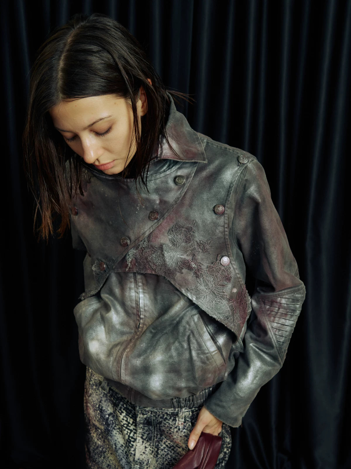 Lace-Applique Asymmetric Flap Leather Biker Jacket