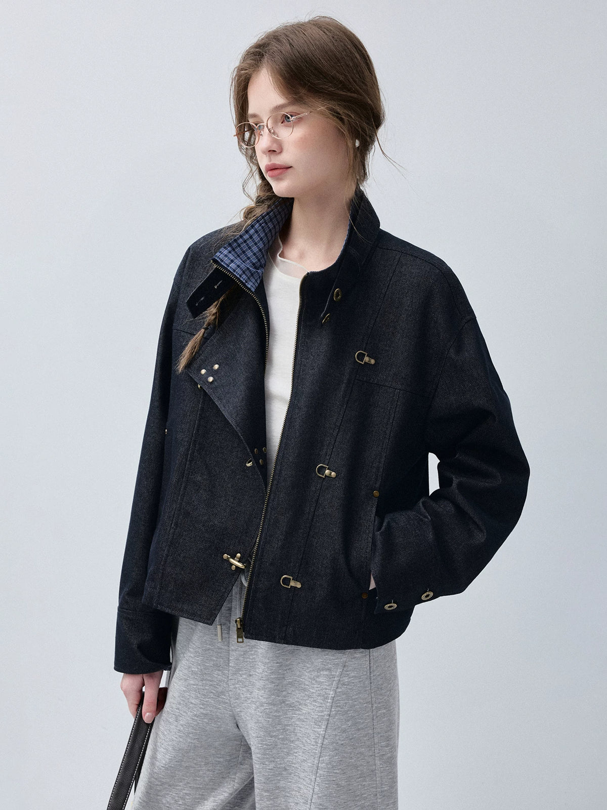 Structured Industrial Clasp-Closure Denim Jacket