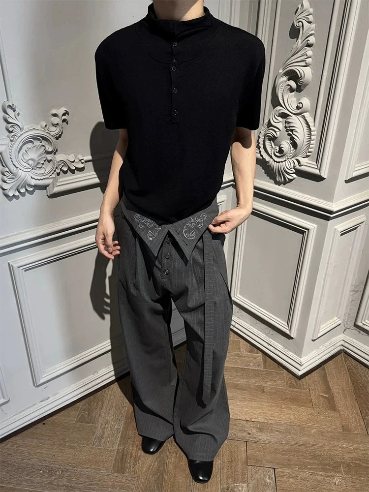 Embroidered Fold-Over Lapel Pinstripe Wide-Leg Trousers