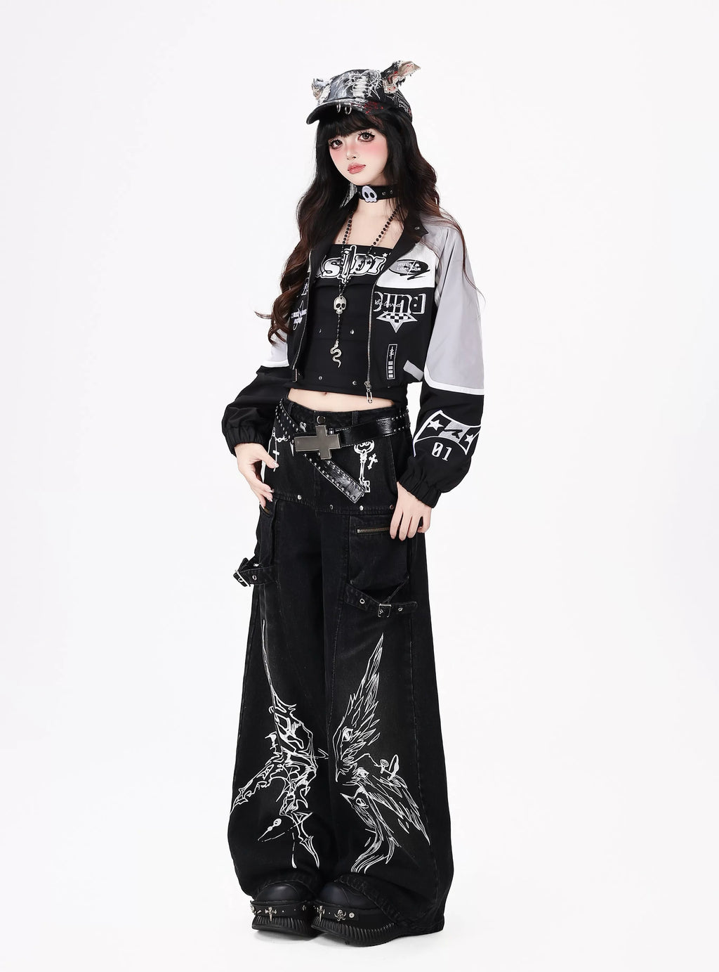 Gothic Cross-Key Graphic Strap-Detailed Cargo Jeans