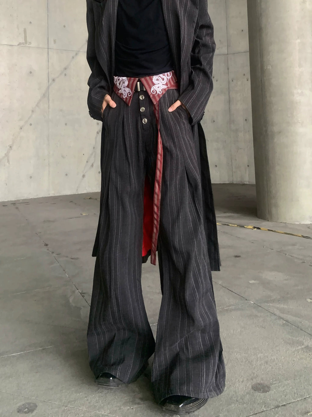 Embroidered Pinstripe Fold-Over Trousers