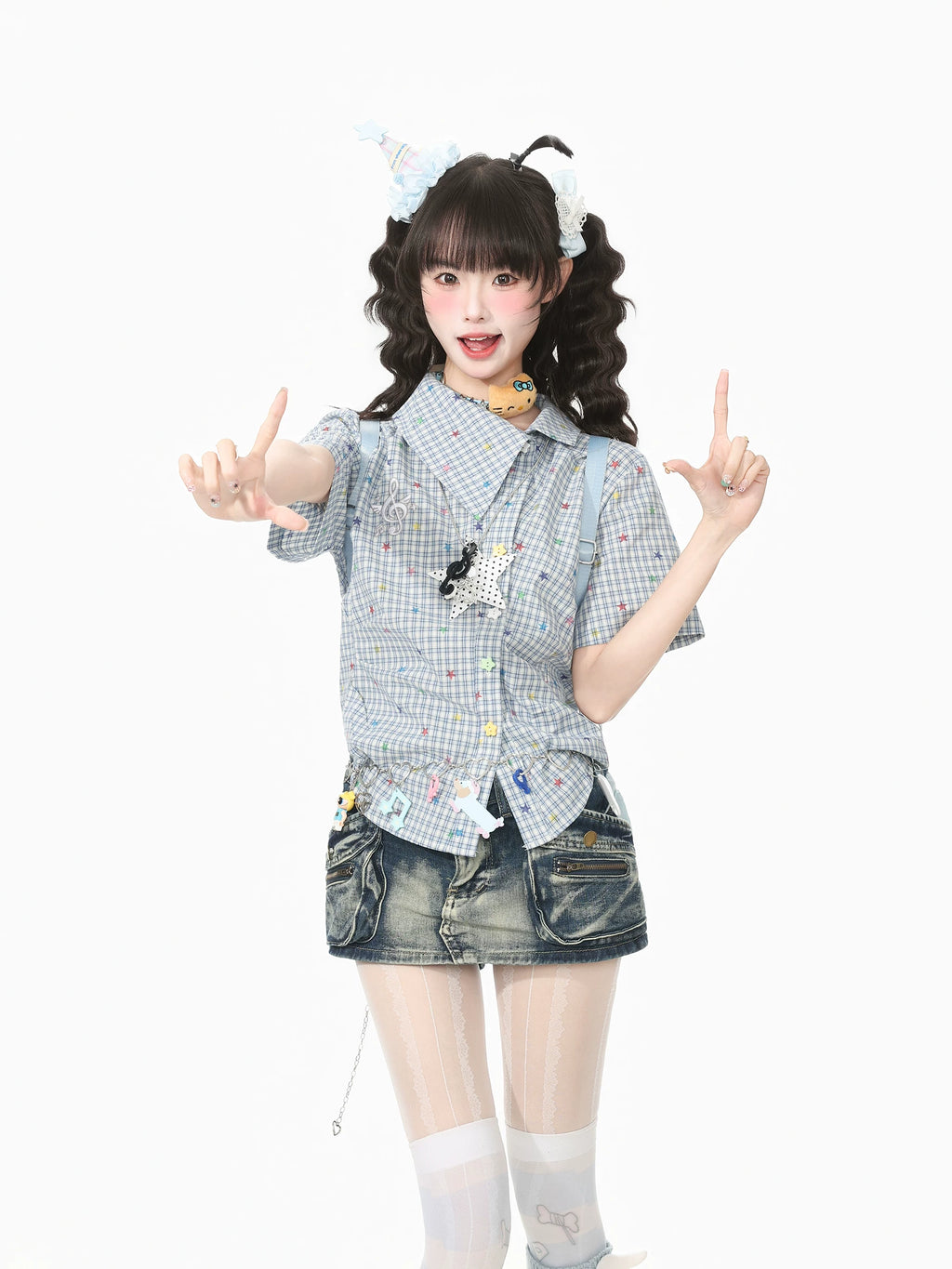 Kawaii Asymmetric Collar Plaid Short-Sleeve Shirt