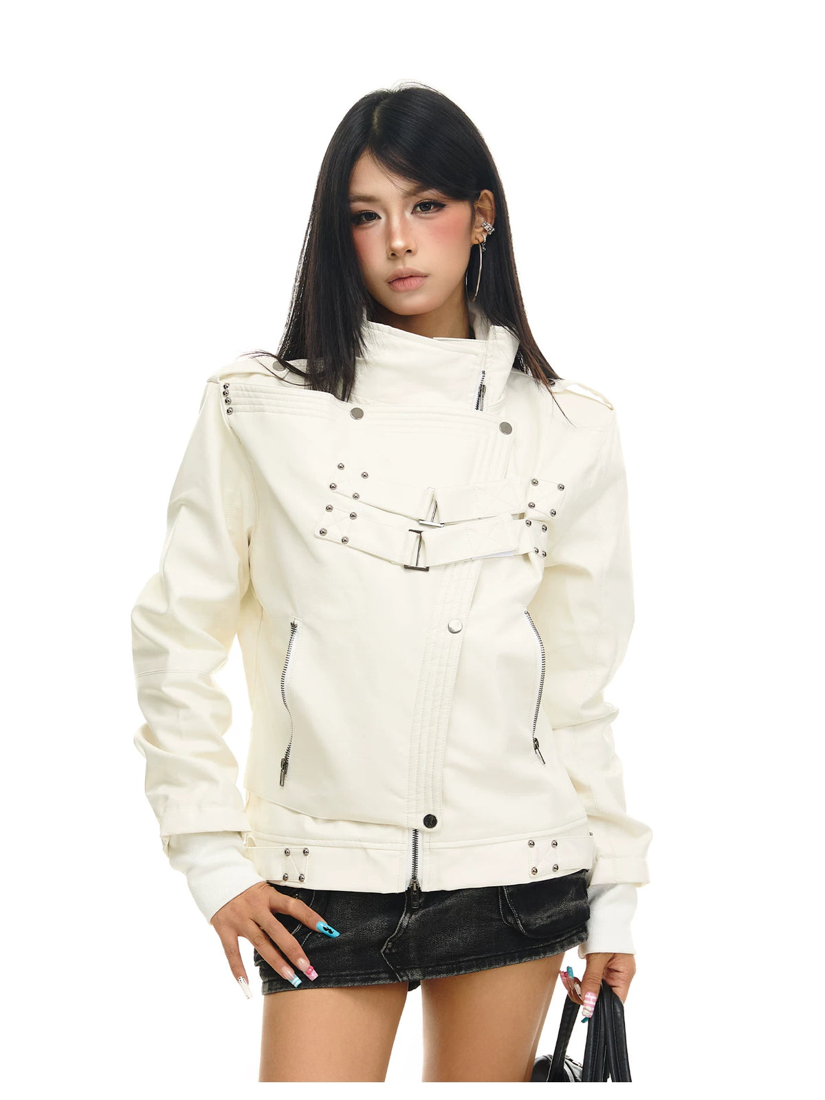 Gothic Industrial Buckled-Placket Leather Biker Jacket