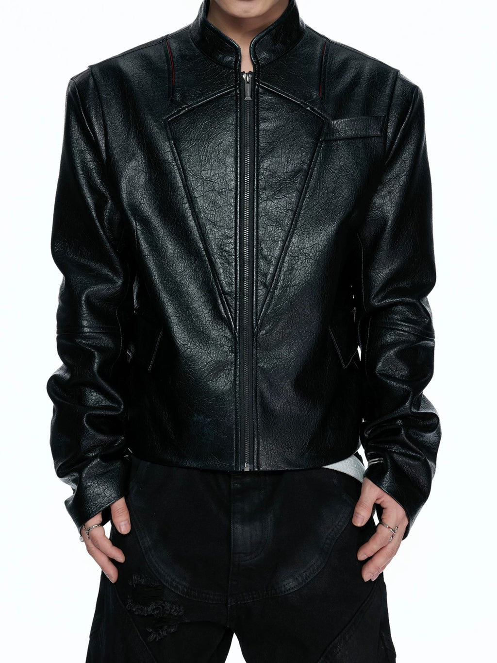 Embroidered Leather Band-Collar Biker Jacket