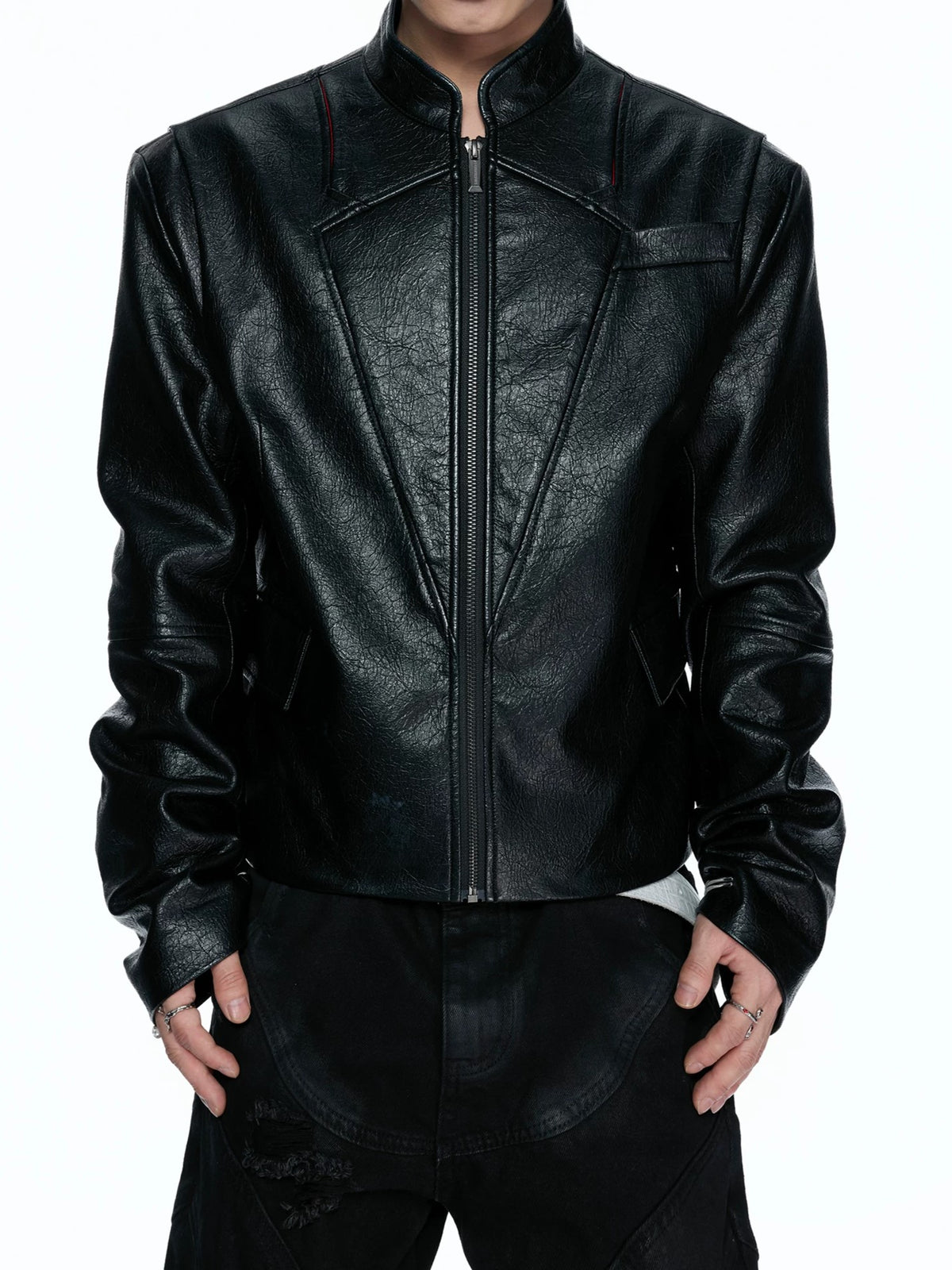 Embroidered Leather Band-Collar Biker Jacket