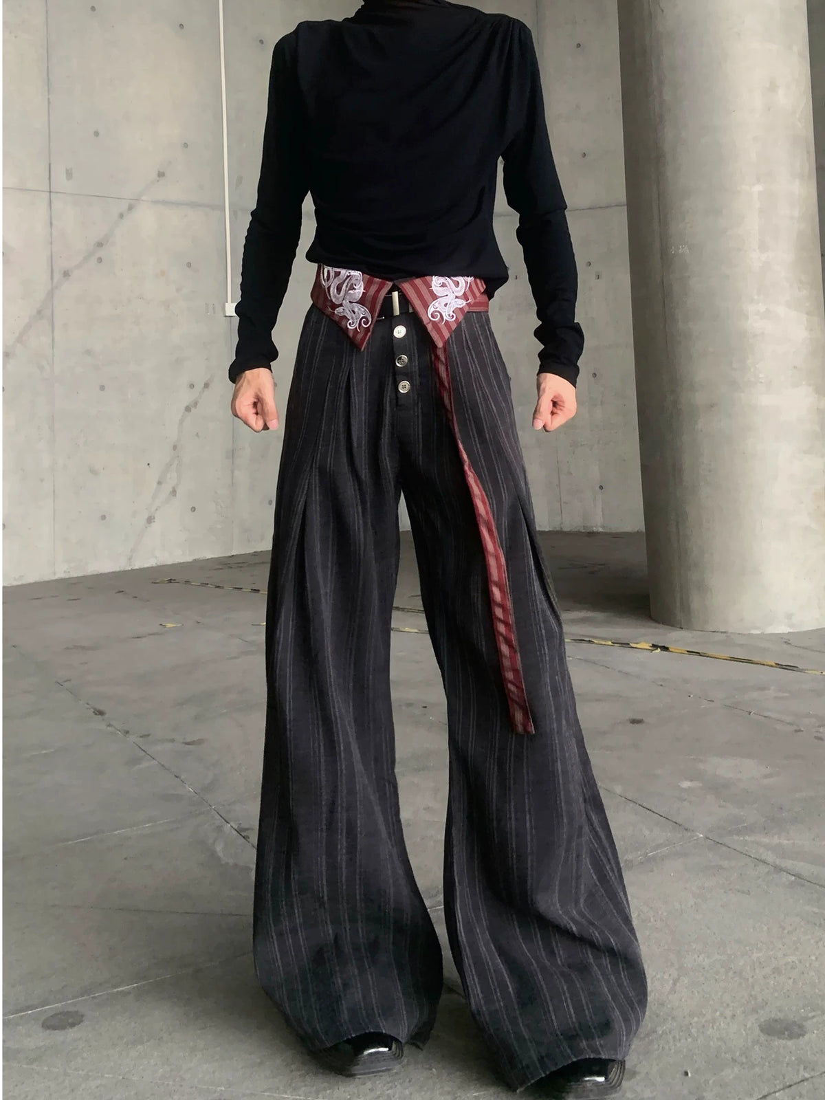 Embroidered Pinstripe Fold-Over Trousers