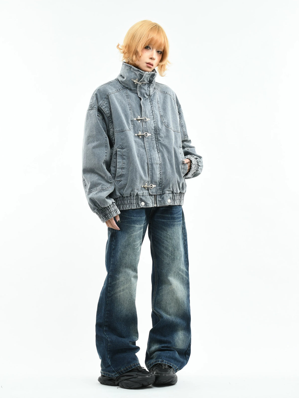 Acid-Washed Denim Fireman Clasp Jacket
