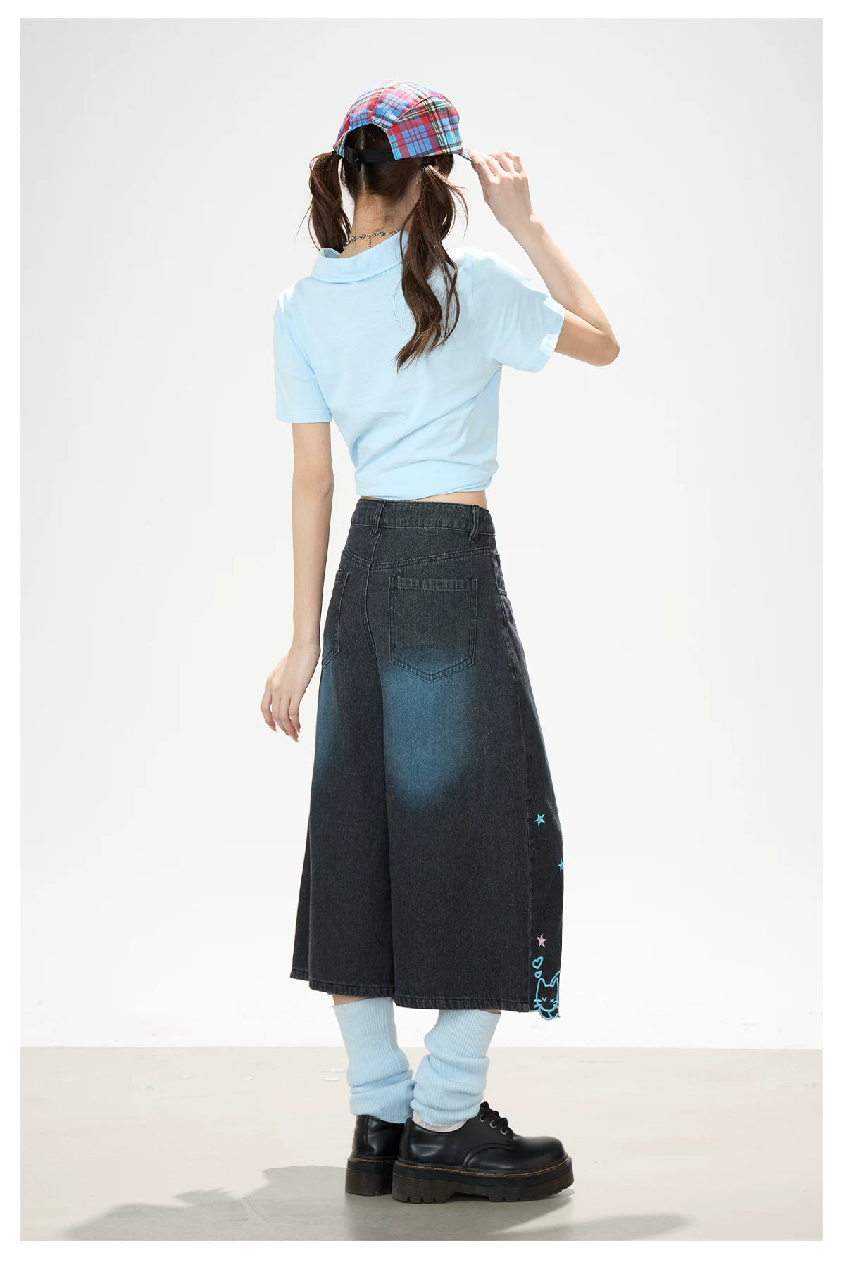 Y2K Harajuku Star & Cat Embroidered Capri Jeans