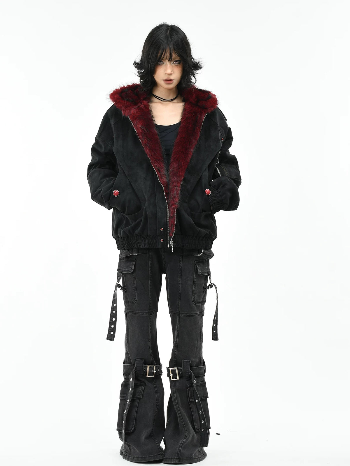 Fur-Trimmed Hooded Suede Utility Bomber Jacket