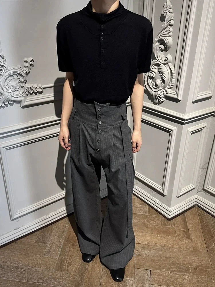 Embroidered Fold-Over Lapel Pinstripe Wide-Leg Trousers