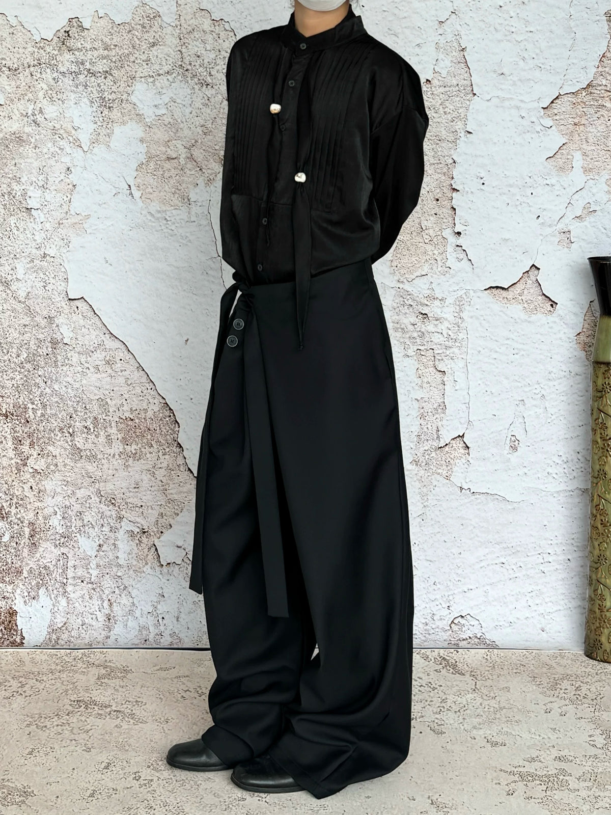 Crossover Flap Side-Tie Wide-Leg Pants
