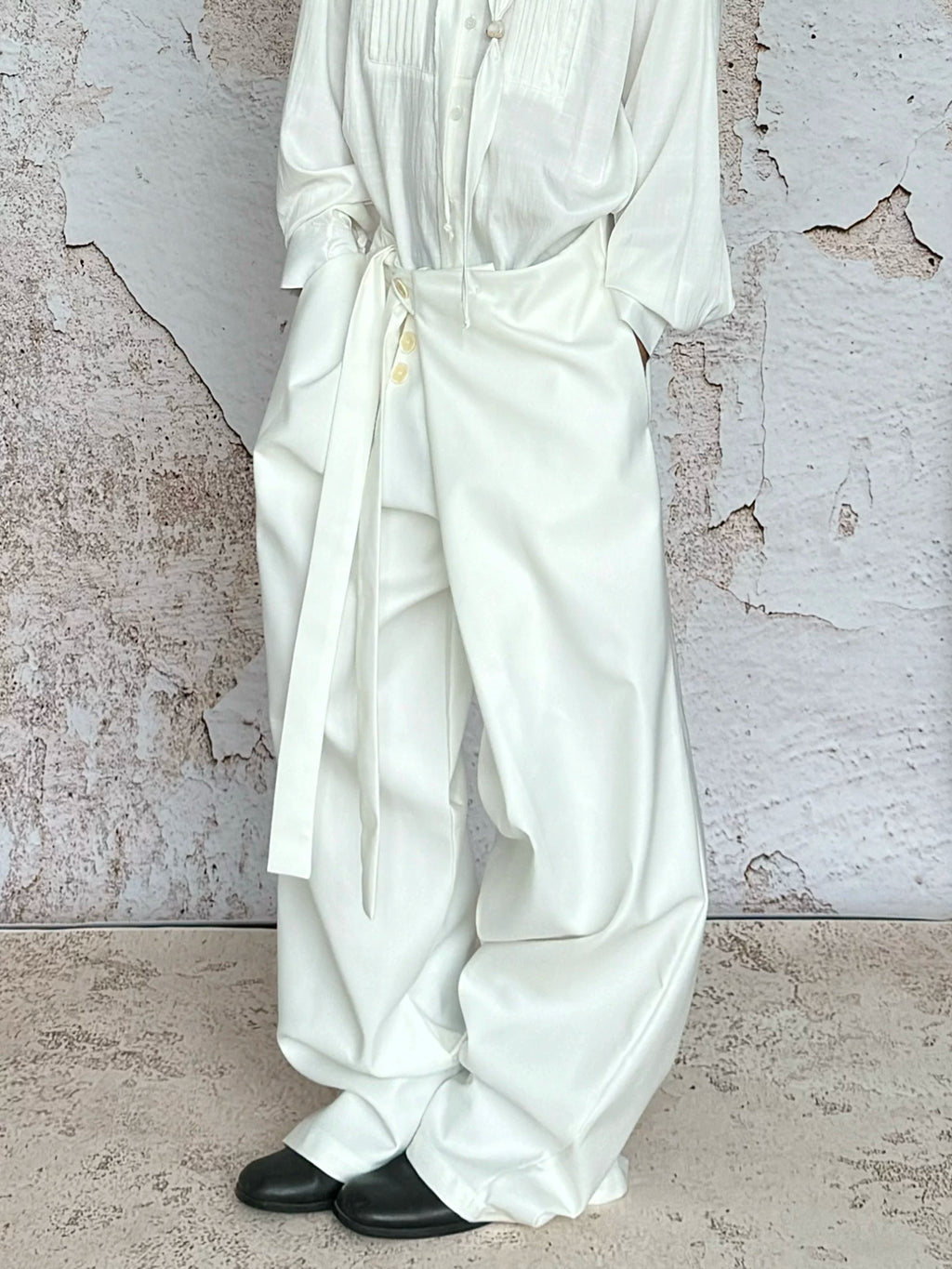 Crossover Flap Side-Tie Wide-Leg Pants