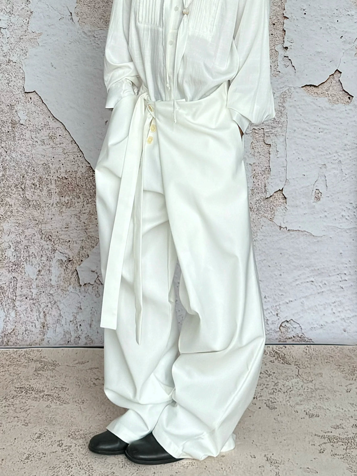 Crossover Flap Side-Tie Wide-Leg Pants
