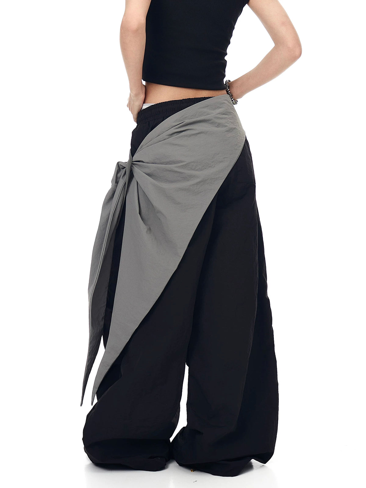 Asymmetric Tie-Waist Contrast-Overlay Trousers