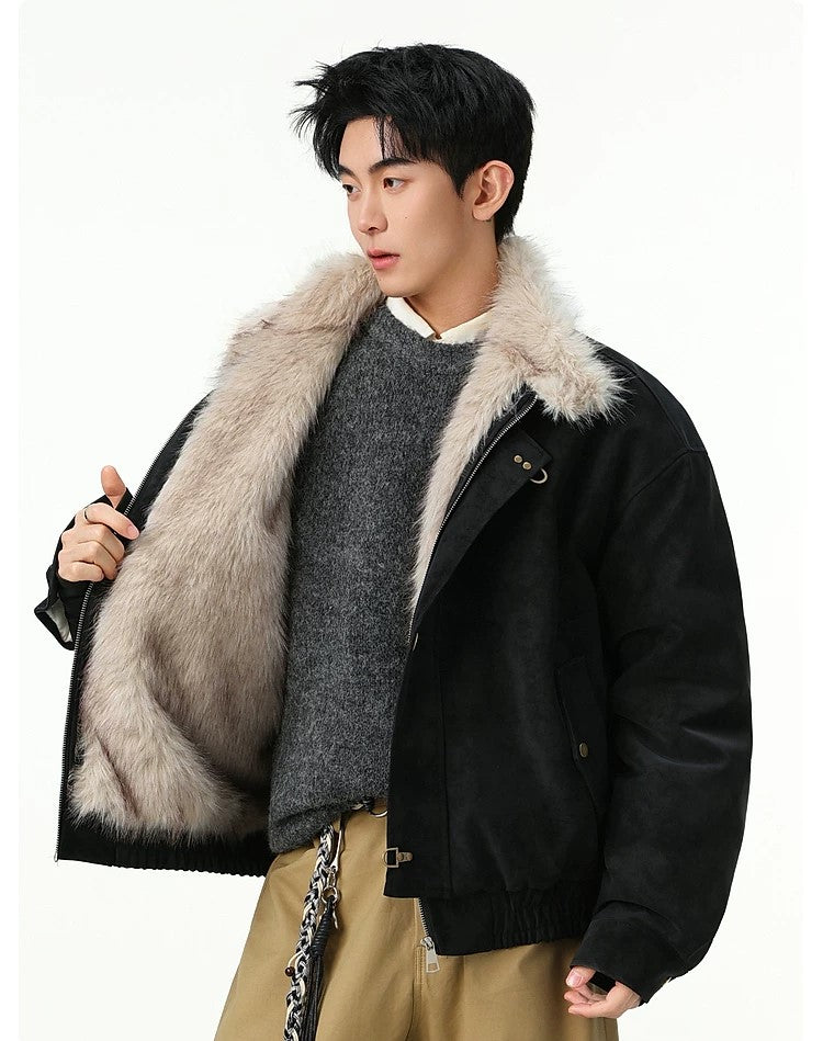 Fireman Clip Fur-Lined Suede Utility Bomber Jacket