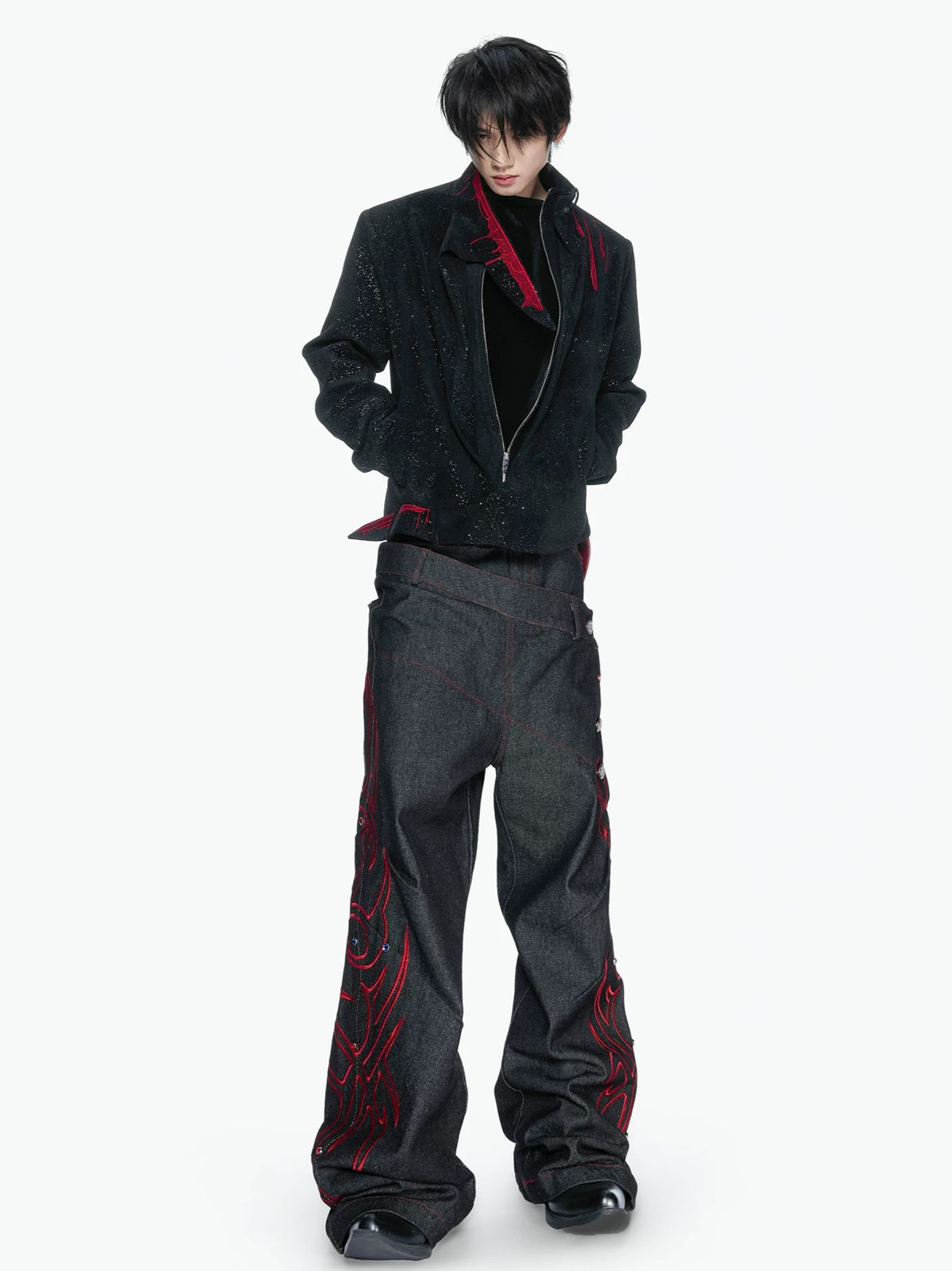 Gothic Crimson-Accented Textured Zip-Up Jacket