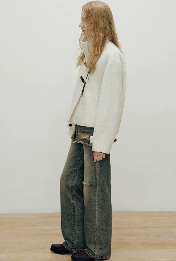 Cropped High-Neck Asymmetric Jacket with Toggle Closures
