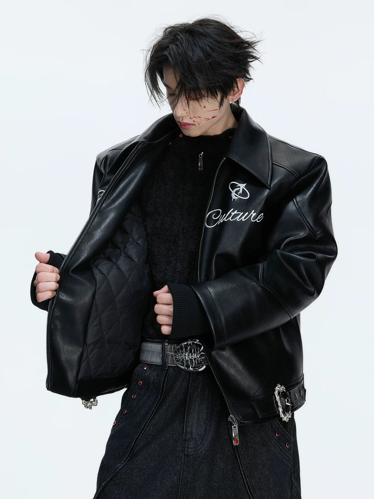 Embroidered Horse Back Leather Moto Jacket