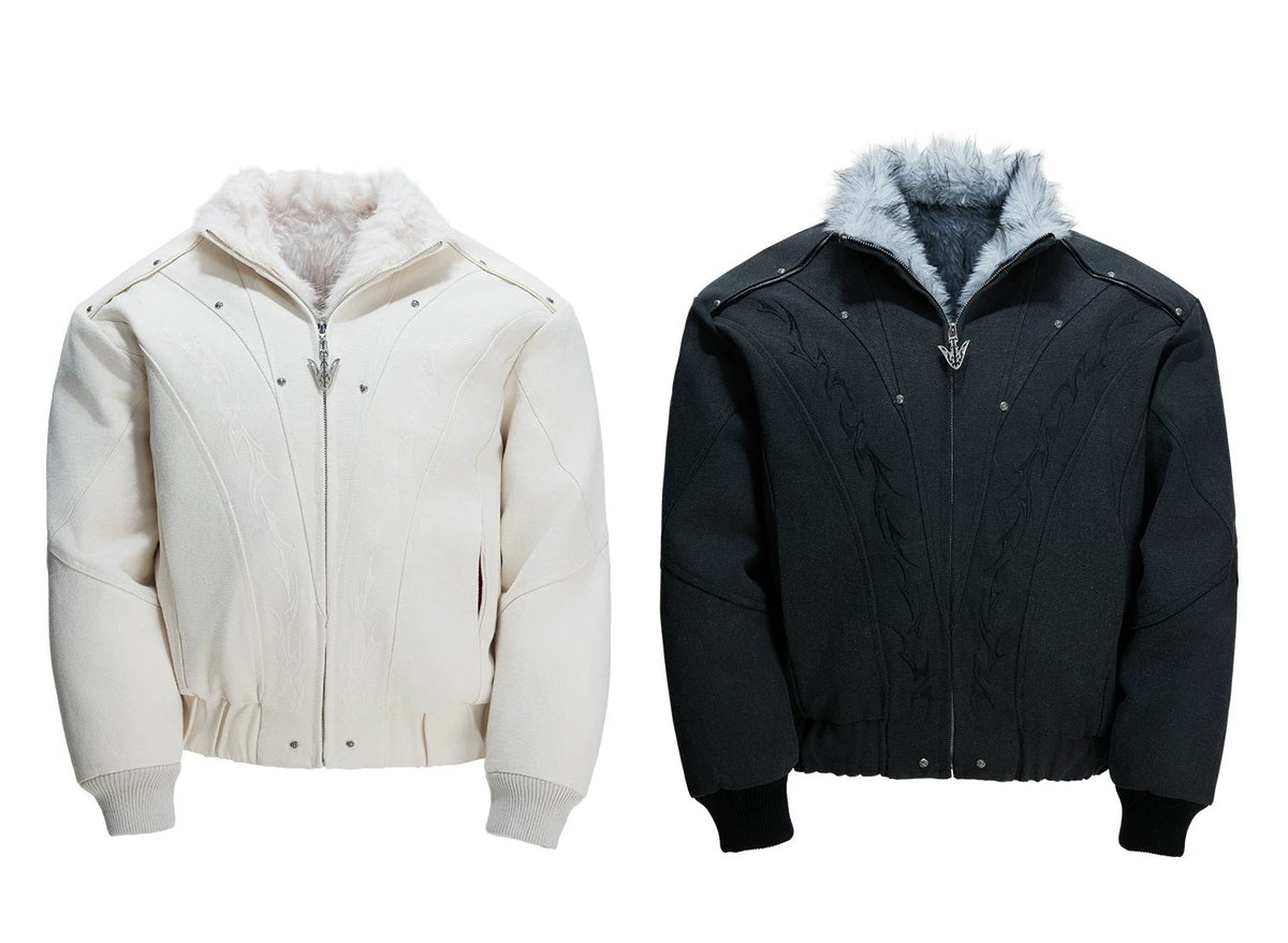 Faux-Fur Collar Tribal Embroidered Zip Jacket