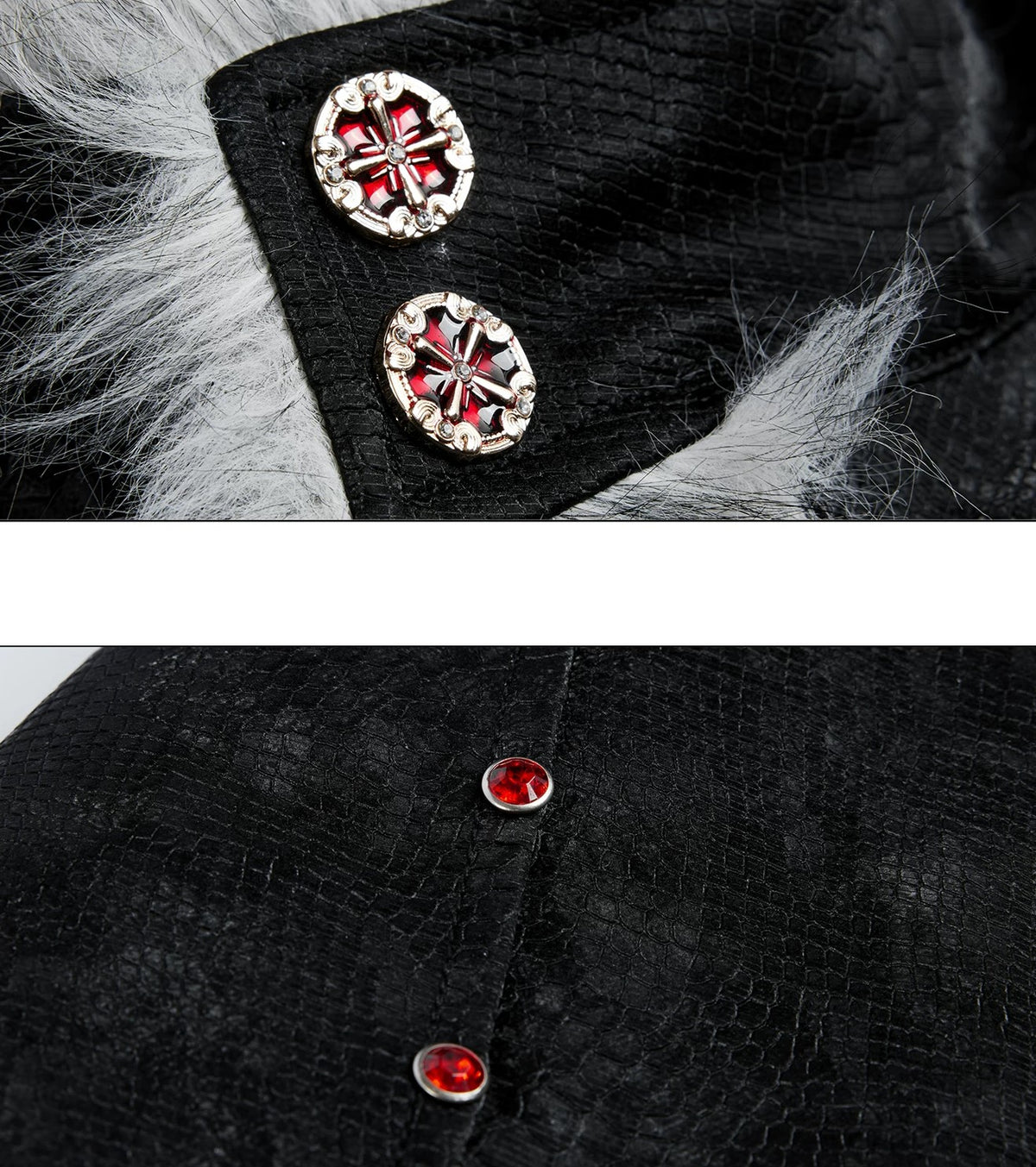 Gothic High-Neck Studded Faux-Leather Fur Jacket