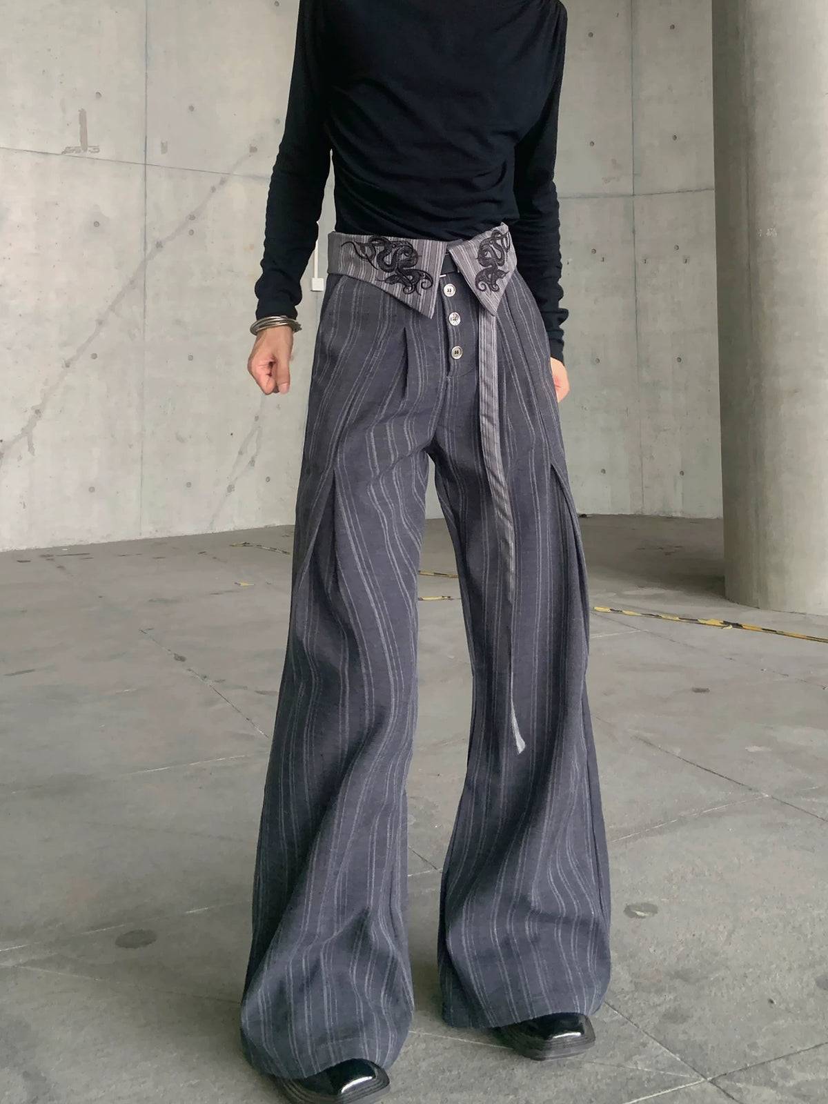 Embroidered Pinstripe Fold-Over Trousers