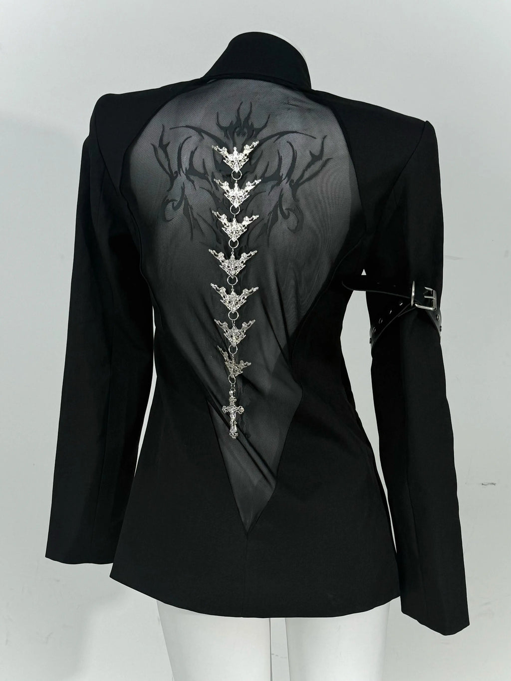 Gothic Cyber-Sigilism Back-Mesh Buckled Blazer