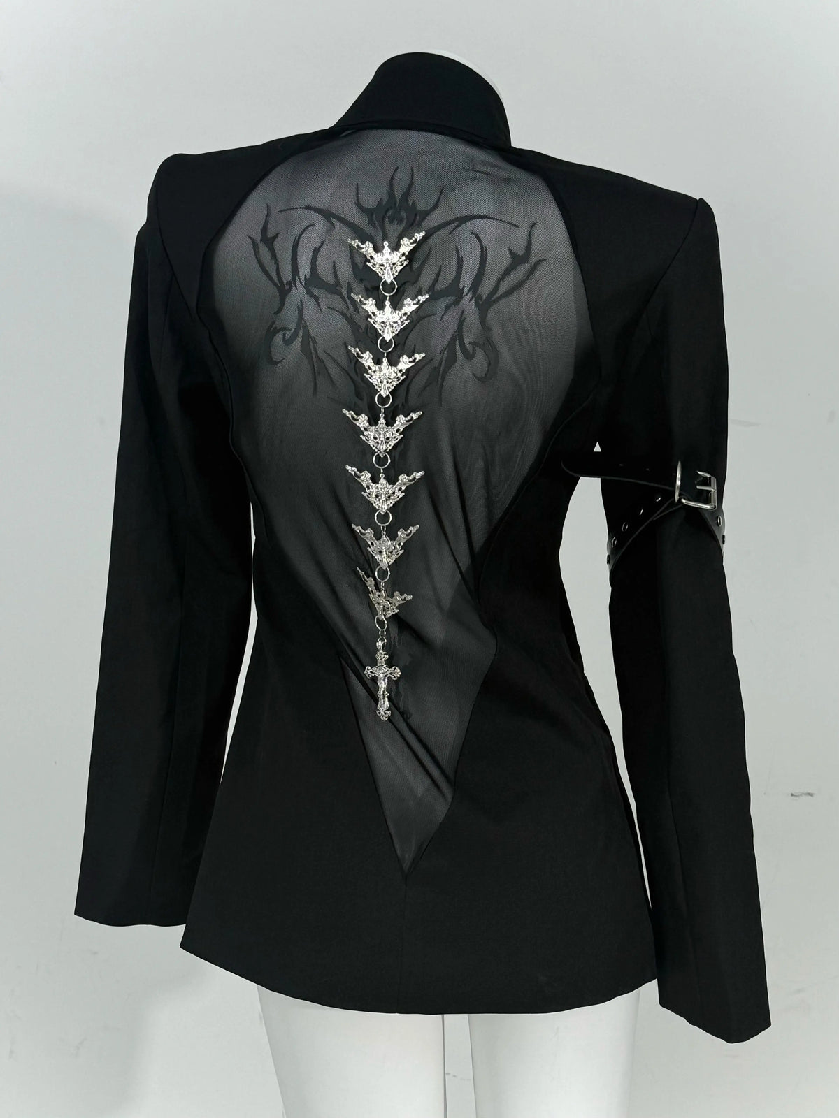 Gothic Cyber-Sigilism Back-Mesh Buckled Blazer